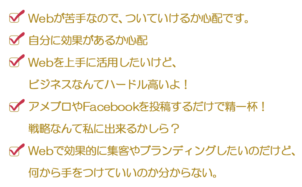 ・Webが苦手なので、ついていけるか心配です。・自分に効果があるか心配💦・Webを上手に活用したいけど、ビジネスなんてハードル高いよ！・アメブロやfacebookを投稿するだけで精一杯！戦略なんて私に出来るかしら？・Webで効果的に集客やブランディングしたいのだけど、何から手をつけていいのか分からない。