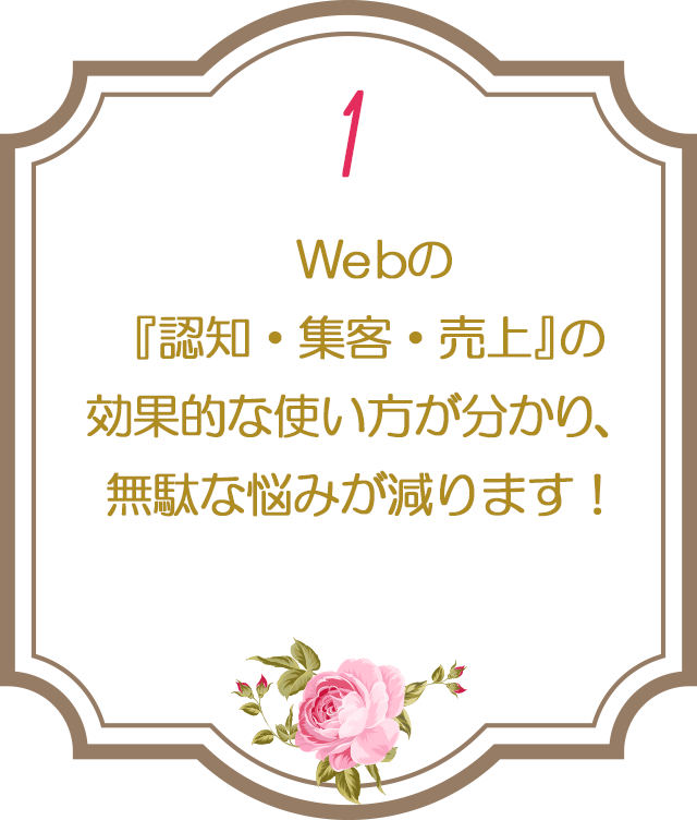 １：Webの『認知・集客・売上』の効果的な使い方が分かり、無駄な悩みが減ります！